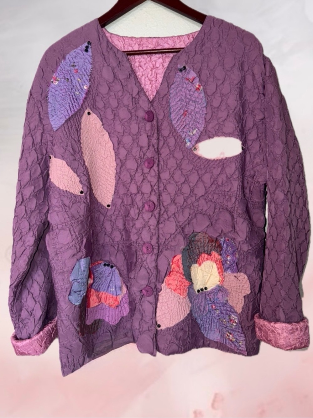 Joni B. Purple Textured Asian Oriental Floral Appliqué Button Front Jacket Sz L